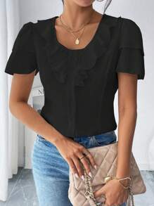 Chiquease Camisa simple de manga corta y unicolor para mujer, ideal para uso diario - Negro - Ver 4