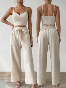 Breezaya Conjunto de dos piezas para vacaciones de mujer con sujetador push-up con copas y correa con lazo, pantalones rectos elásticos