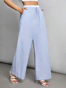 SHEIN Tall 秋季蓝色条纹撞色腰部编织女长裤 - 藍色 - 查看 2