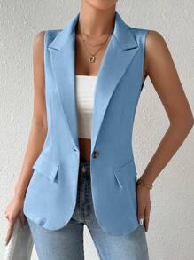 SHEIN Women Spring/Summer Casual Solid Color Sleeveless Blazer Jacket With Lapel - Baby Blue - View 8