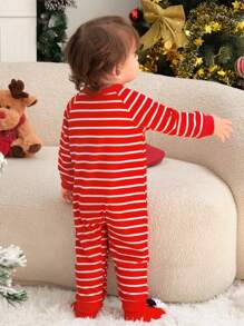 SHEIN 2 件套男婴休闲圣诞圣诞老人刺绣绒球连体衣带帽子，适合圣诞节、秋冬季 - 紅色 - 查看 2