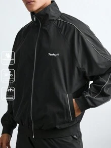 Manfinity VCAY Men's Casual Solid Color Embroidered Zip-Up Long Sleeve Jacket