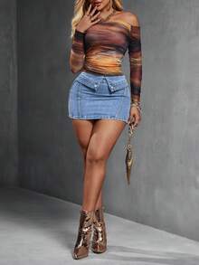 Slaydiva Váy denim đơn giản màu trơn viền gấp cho nữ - Rửa trung bình - Xem 6