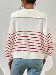 SHEIN Essnce V-Neck Long Sleeve Striped Minimalist Casual Blouse,Long Sleeve Tops In Fall/Winter - Red and White - View 2