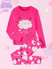 2pcs Tween Girls Cloud Print Casual Snug Fit Long Sleeve Top And Pants Pajamas Set