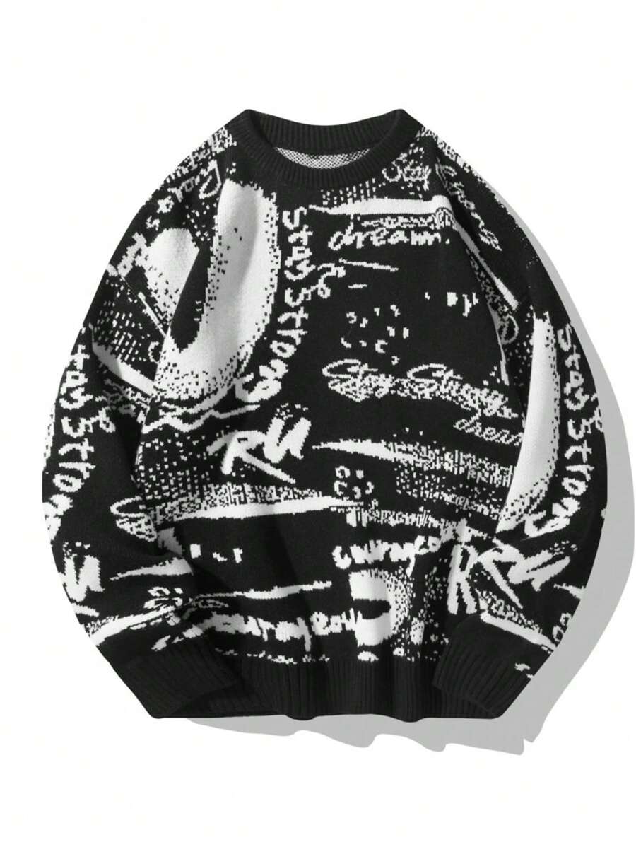 Manfinity Hypemode 男士休闲日常圆领印花毛衣 - 彩色 - 查看 1