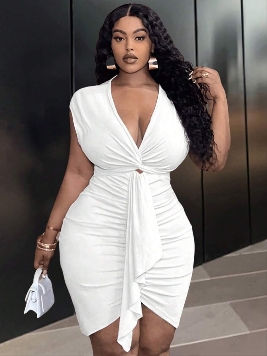 Slaydiva 大码优雅、派对和休闲修身纯粉色迷你连衣裙，带前扭纹、褶皱细节和腰带，适合女士，春夏