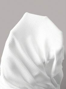 SHEIN BASICS Women's Casual Solid Color Knit Scoop Neck Long Sleeve Split Hem Fitted T-Shirt - White - View 7