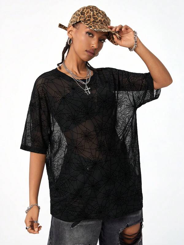 SHEIN EZwear Women's Fall Goth Y2k Spider Web Cover Up Flocking Print Tops