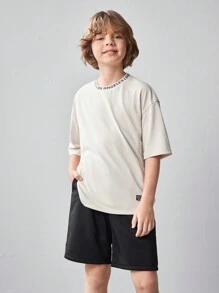 SHEIN 2pcs/Set Tween Boy Loose Casual Sports Crew Neck Short Sleeve T-Shirt And Shorts Set