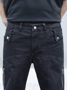 Manfinity EMRG 男士直筒宽松休闲牛仔裤，带拉链口袋 - 黑色 - 查看 6