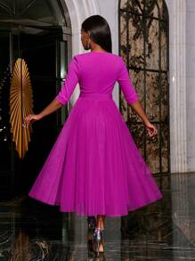 Faeriesty Elegant Surplice Neck Belted Cocktail Dress Midi Dress Party Dress Wedding Guest Dress Formal Dress Evening Dress,Gown - Hot Pink - View 3