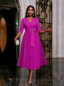 Faeriesty Elegant Surplice Neck Belted Cocktail Dress Midi Dress Party Dress Wedding Guest Dress Formal Dress Evening Dress,Gown - Hot Pink - View 2