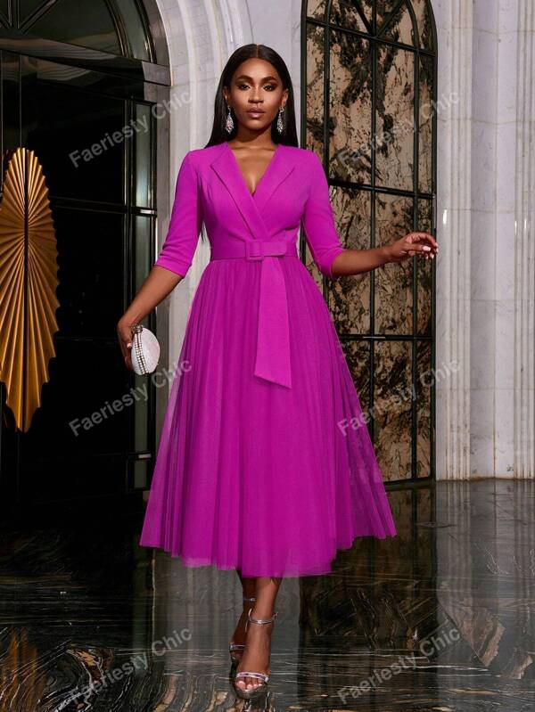 Faeriesty Elegant Surplice Neck Belted Cocktail Dress Midi Dress Party Dress Wedding Guest Dress Formal Dress Evening Dress,Gown