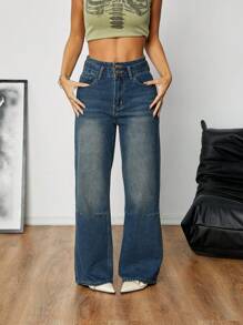 Jeans rectos de pierna clásicos de estilo estadounidense de color azul oscuro retro para mujer, pantalones anchos casuales sueltos, conjunto de moda para primavera/verano - Azul lavado oscuro - Ver 7