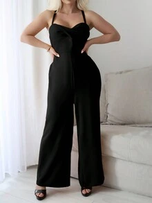 Vaiaye Women's Diamond Hollow Lace-Up Criss-Cross Backless Pleated Jumpsuit, Suitable For Christmas And Valentine's Day