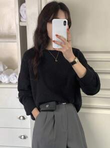 Dazy-Less Áo len trễ vai trơn màu rộng rãi cho nữ, mùa xuân và mùa thu, áo dài tay phong cách Old Money, quần áo nữ mùa thu - màu đen - Xem 4