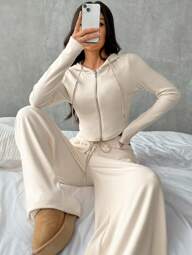 SHEIN EZwear Conjunto de top con capucha y pantalones deportivos con cintura ajustada con cremallera de estilo casual para mujer, con forro térmico grueso adecuado para otoño/invierno