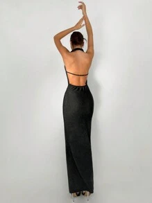 Aloruh Women's Elegant Draped Neck Backless Long Black Dress,Summer Glitter Shiny Fabric Formal Prom Dress,Ball Party Night Simple Dress For Women - Black - View 3
