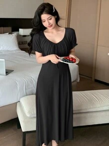 DAZY Women's Solid Color Ruffled V-Neck Cinched Waist Nightgown Pajama - Black - View 3