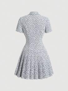 SHEIN MOD 黑白格子褶皱短袖连衣裙，翻领双排扣，秋冬女装，返校节连衣裙，修身连衣裙，商务休闲女装，教师连衣裙，外出连衣裙，办公室服装，返校，工作女装，，，韩国时尚，晚宴服装，文艺复兴博览会，老钱风格 - 黑與白 - 查看 2