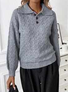 Calvaya Minimalist Polo Neck Button Down Twisted Floral Print Long Sleeve Knit Sweater