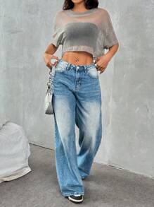 SHEIN EZwear Áo lưới mỏng tay ngắn cho nữ - Bạc - Xem 3