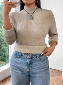 Flirla Plus Size Solid Stand Collar Casual Long Sleeve Sweater, Autumn/Winter