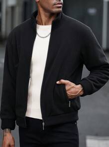 Chillumni Men's Autumn And Winter Stand Collar Loose Casual Fleece Jacket With Shake Grain, Long Sleeves