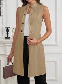 SHEIN Clasi 纯色立领、双排扣、无袖、超长、开衩衬衫