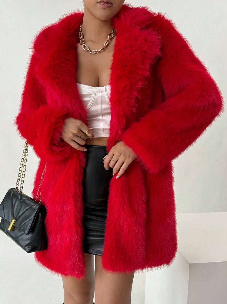 Allurite 秋冬用 ファッショナブルな赤いふわふわな襟の膝丈ニット