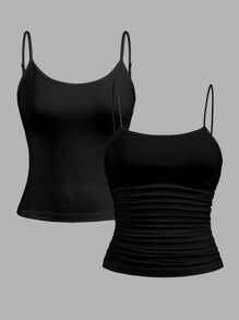 SHEIN LUNE 2pcs/Set Casual Solid Black Versatile Women Tank Tops, Summer - Black - View 2