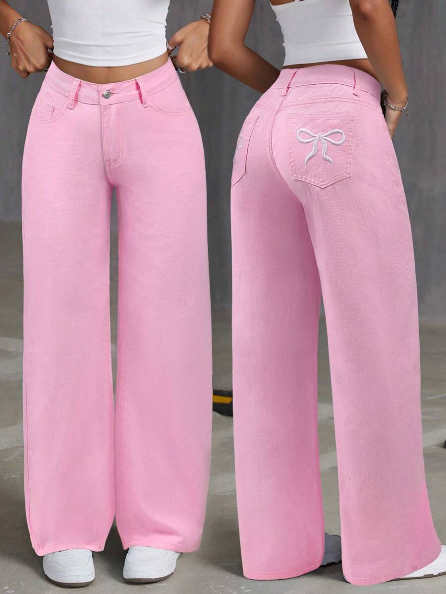 SHEIN ICON Jeans rectos de mujer de mezclilla lavada con bordado de mariposa
