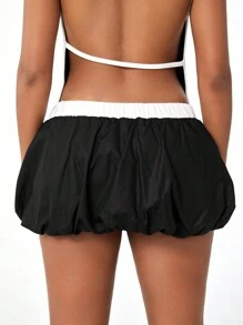 SHEIN EZwear 女款 Y2k 拼色荷叶边低腰褶皱泡泡裙 - 黑色 - 查看 8