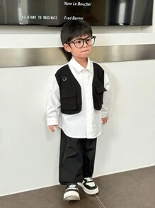 SHEIN 2 件装年轻男孩休闲运动连帽背心，配有实用口袋和正装衬衫，搭配编织工装裤套装，适合返校装、学校装、日常装、节日派对、秋冬季，羊毛，加厚 - 黑與白 - 查看 6