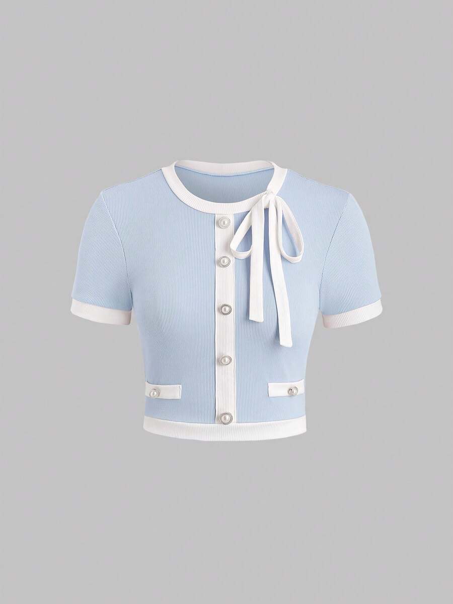 Sweetra Women's Color Block Round Neck Short Sleeve Single Breasted Decorated T-Shirt, Summer Graphic Tees Women Tops