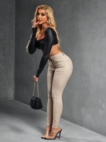 SHEIN SXY Women's Solid Color Minimalist Everyday Denim Jeans - Apricot - View 5