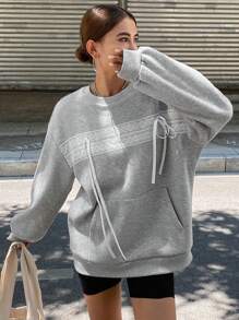 DAZY Women Casual Lace Patchwork Ribbon Decor Sweatshirt,Fall Clothes - Grey - View 2