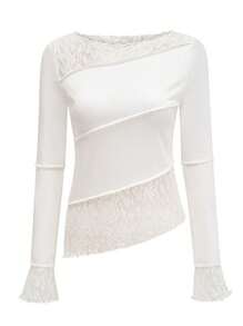 INAWLY Áo thun nữ dài tay cổ tròn phối ren tương phản xuân hè thanh lịch - trắng - Xem 5