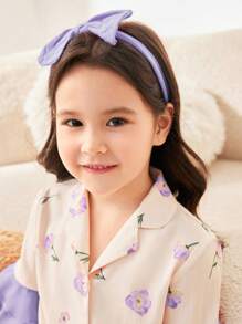 SHEIN 2 piezas Conjunto de pijama para niña joven con decoración de volantes en cuello, puños y dobladillo, estampado floral fresco - Morado - Ver 6