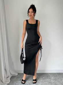Chiquease Women's Summer Side Drawstring High Slit Knit Bodycon Dress Maxi Women Outfit - Black - View 3
