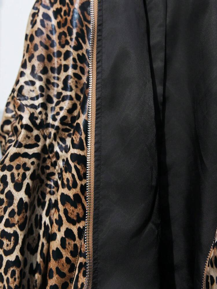 SHEIN Maija Women's Leopard Print Zip Front Baseball Jacket, Spring Summer