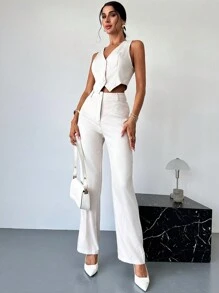 Firerie Women's Summer Casual Solid Color White Front Button Vest & Long Pants Suit Set - Apricot - View 3