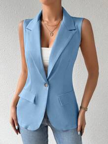 SHEIN Women Spring/Summer Casual Solid Color Sleeveless Blazer Jacket With Lapel - Baby Blue - View 6