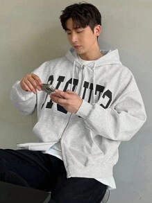 DAZY Men's Casual Letter Embroidered Zip-Up Hoodie, Autumn - Light Grey - View 7