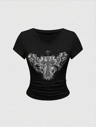 Fairycore Damen T-Shirt mit Kreuz Muster, einfaches Design für den täglichen Gebrauch und Rundhalsausschnitt