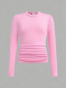 SHEIN 3pcs/Set Tween Girl Casual Ruched Waist Round Neck Short Fitted Long Sleeve T-Shirts, School, Campus, College Chic Outfits For Autumn/Winter - Multicolor - View 6