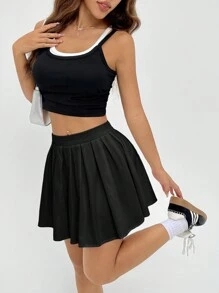 SHEIN PETITE 学院风纯色侧拉链休闲百褶黑色裙子，学校 - 黑色 - 查看 1