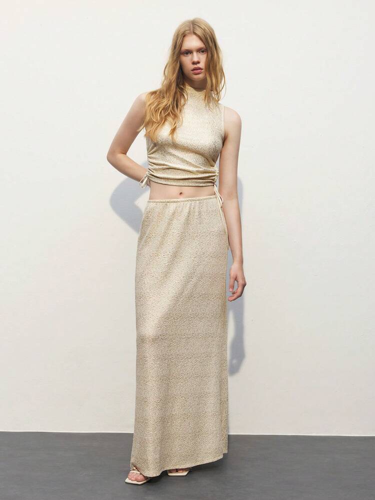 SHEIN Maija Women's Elegant Long High-Waisted Metallic Gold Skirt