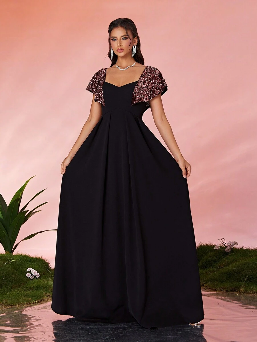 Mgiacy 方领荷叶边袖亮片拼色连衣裙，黑色优雅正式晚会舞会礼服，适合婚礼嘉宾、毕业典礼、晚宴 - 黑色 - 查看 1